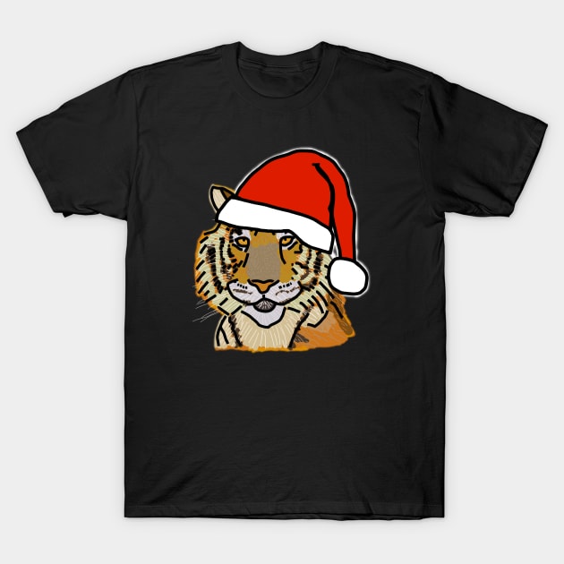 Christmas Tiger Wearing Santa Hat T-Shirt by ellenhenryart